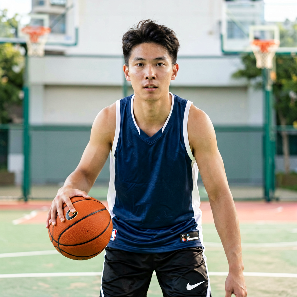 篮球运动员在训练场上进行个人技术训练的画面