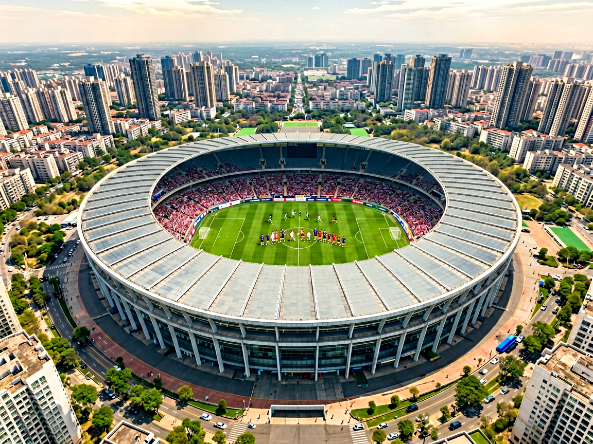 从高空俯瞰现代化体育场馆和周围城市全景的航拍画面